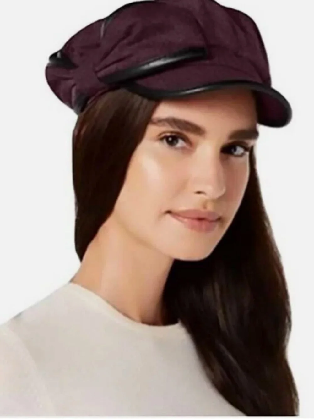 I.N.C. Women's Flannel & Faux-Leather Newsboy Cap, WINE, One Size